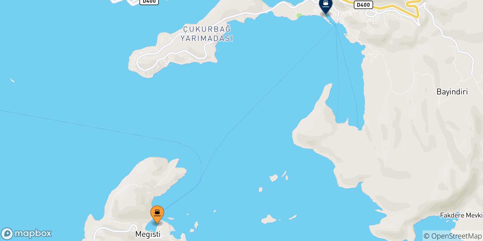 Carte des traversées possibles entre la Grèce et Kas
