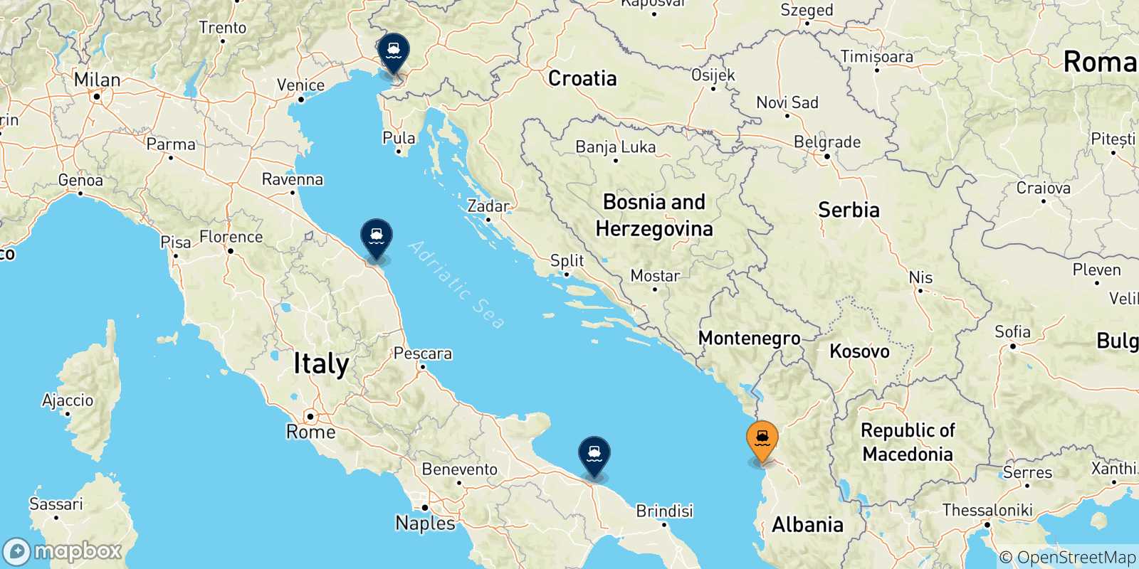 Carte des traversées possibles entre Durres et l'Italie