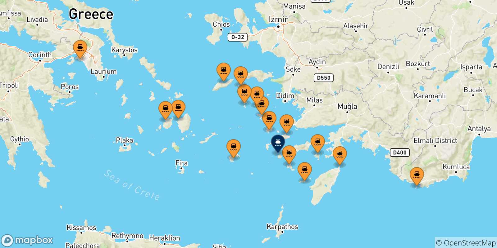 Carte des traversées possibles entre la Grèce et Nisyros