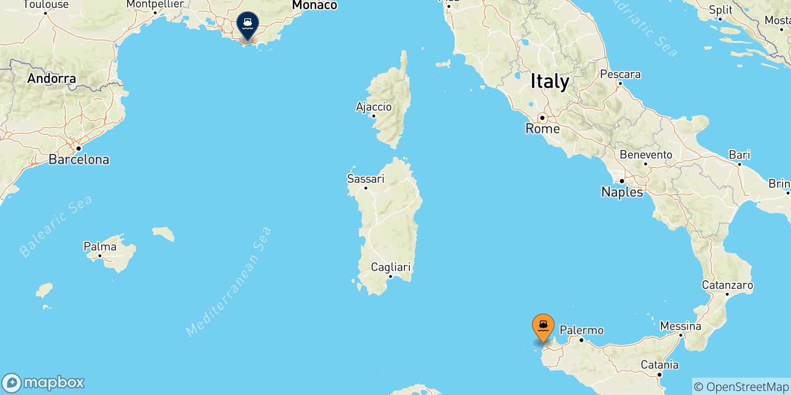 Carte des traversées possibles entre la Sicile et Toulon