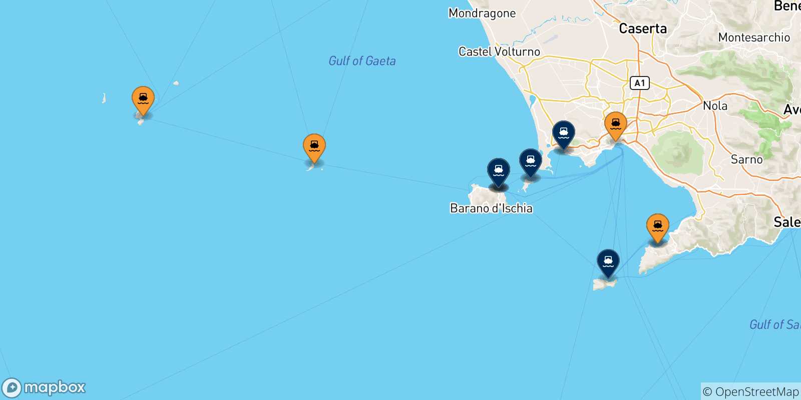 Carte des traversées possibles entre l'Italie et le Golf De Naples