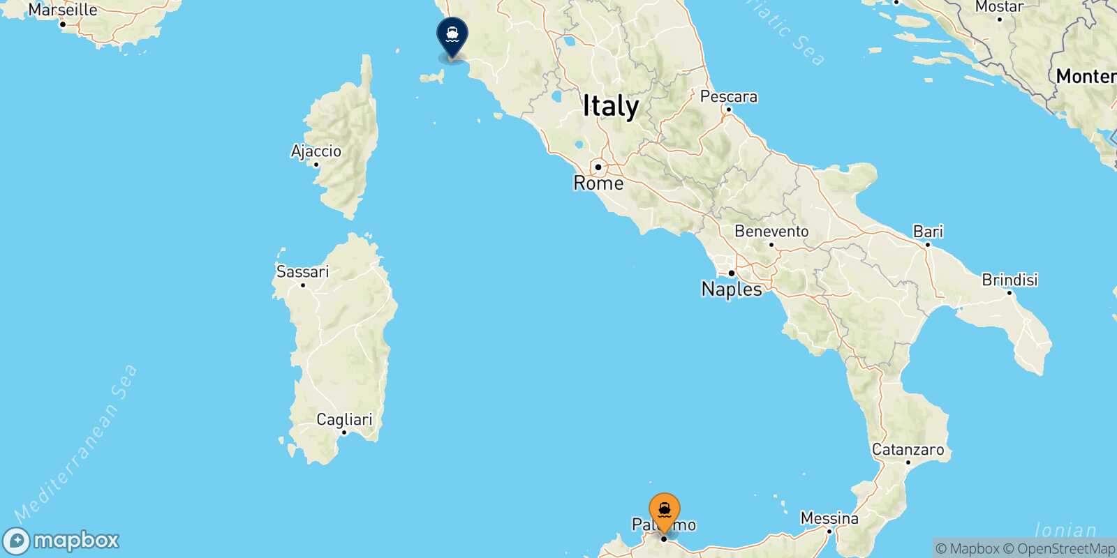 Carte des traverséesPalerme Piombino