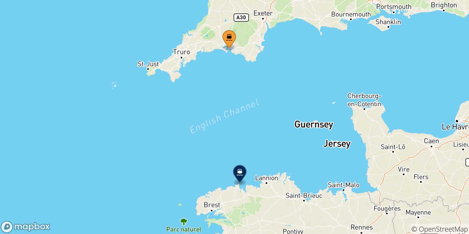 Carte des traversées possibles entre l'Angleterre et Roscoff