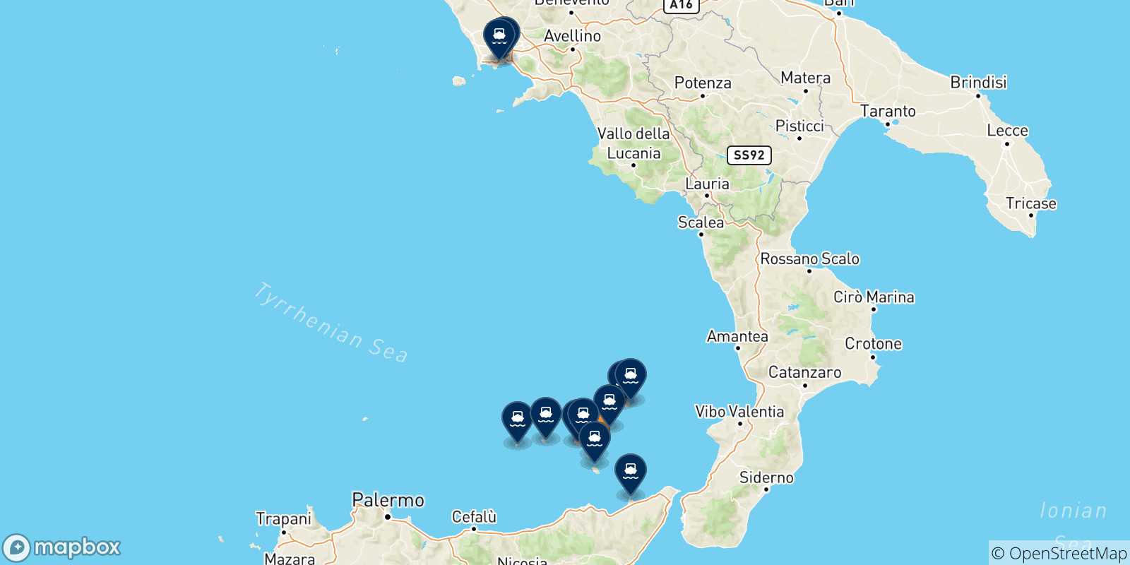 Carte des traversées possibles entre Lipari et l'Italie