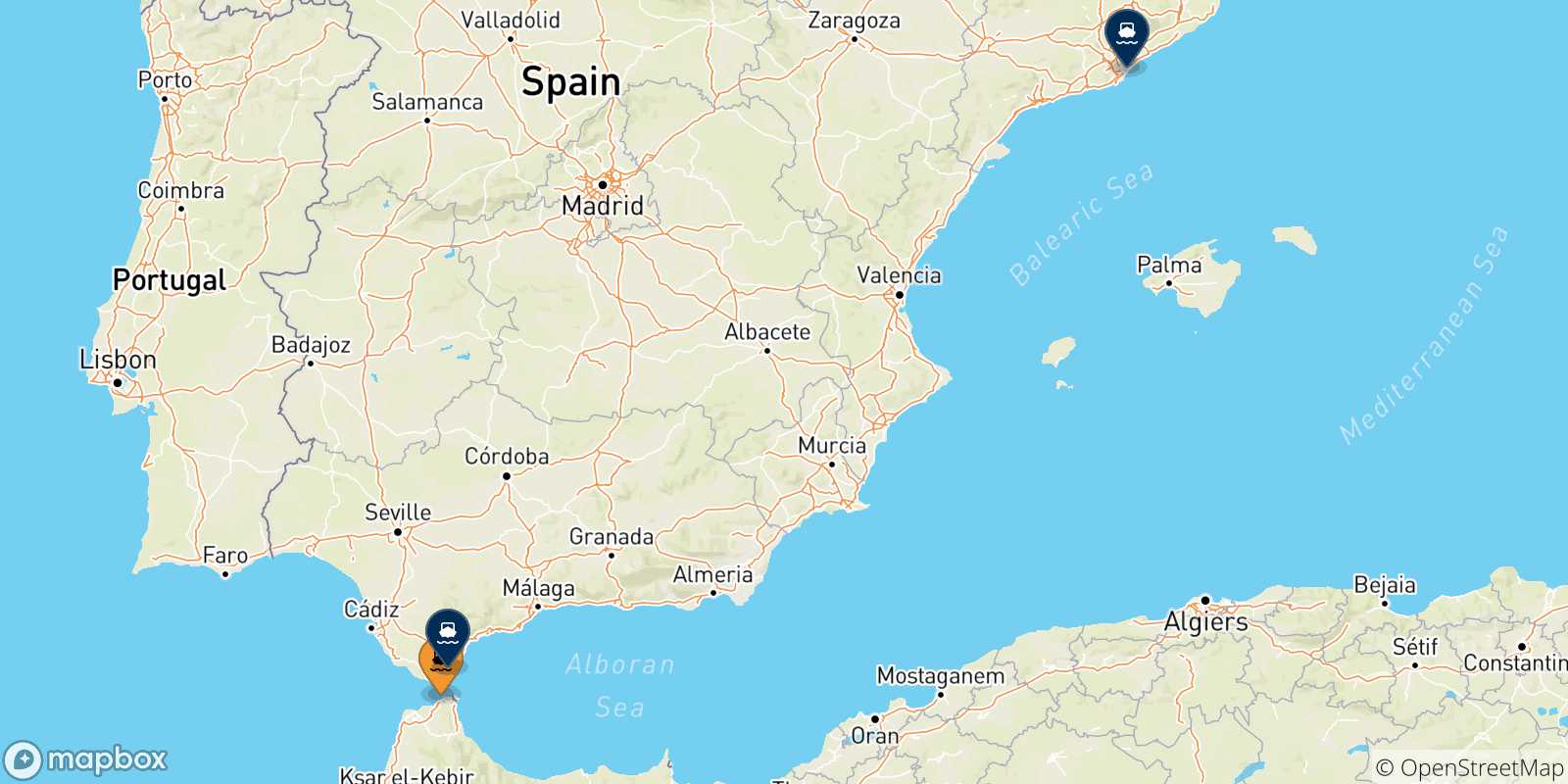Carte des traversées possibles entre Tanger Med et l'Espagne