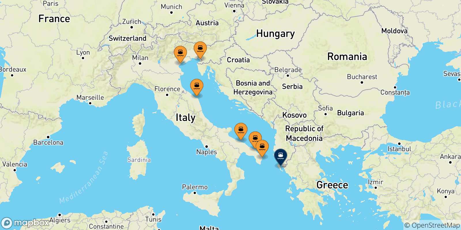 Carte des traversées possibles entre l'Italie et Corfou