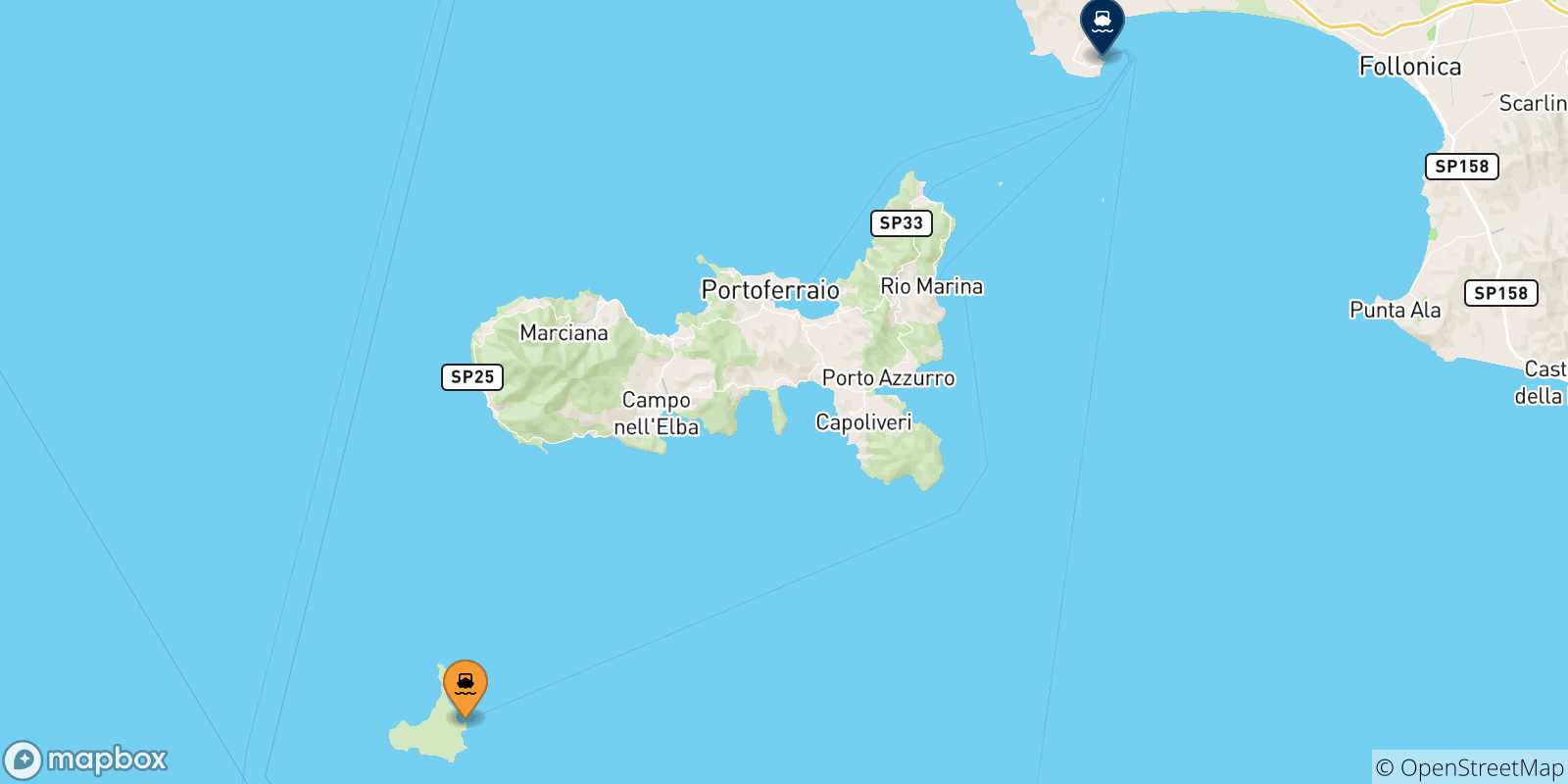 Carte des traversées possibles entre l'Île De Pianosa et Piombino