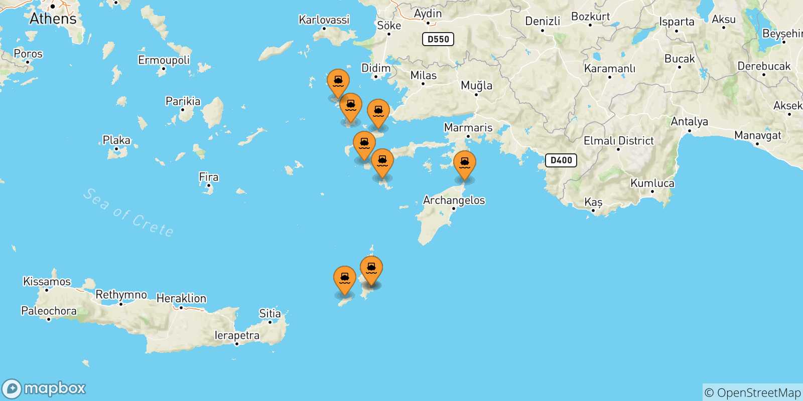 Carte des traversées possibles entre Îles Du Dodécanèse et Chalki