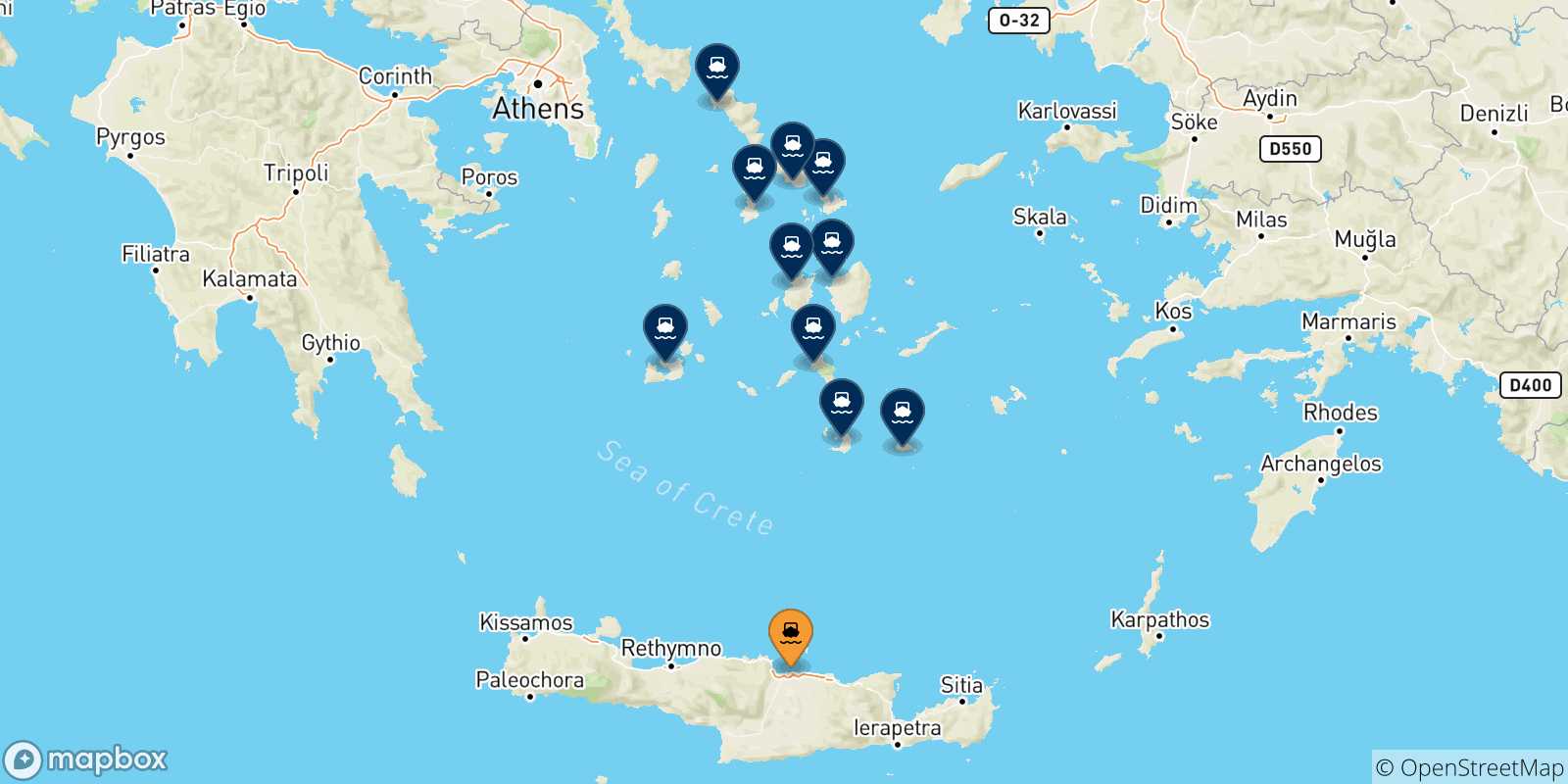 Carte des traversées possibles entre Heraklion et Îles Des Cyclades
