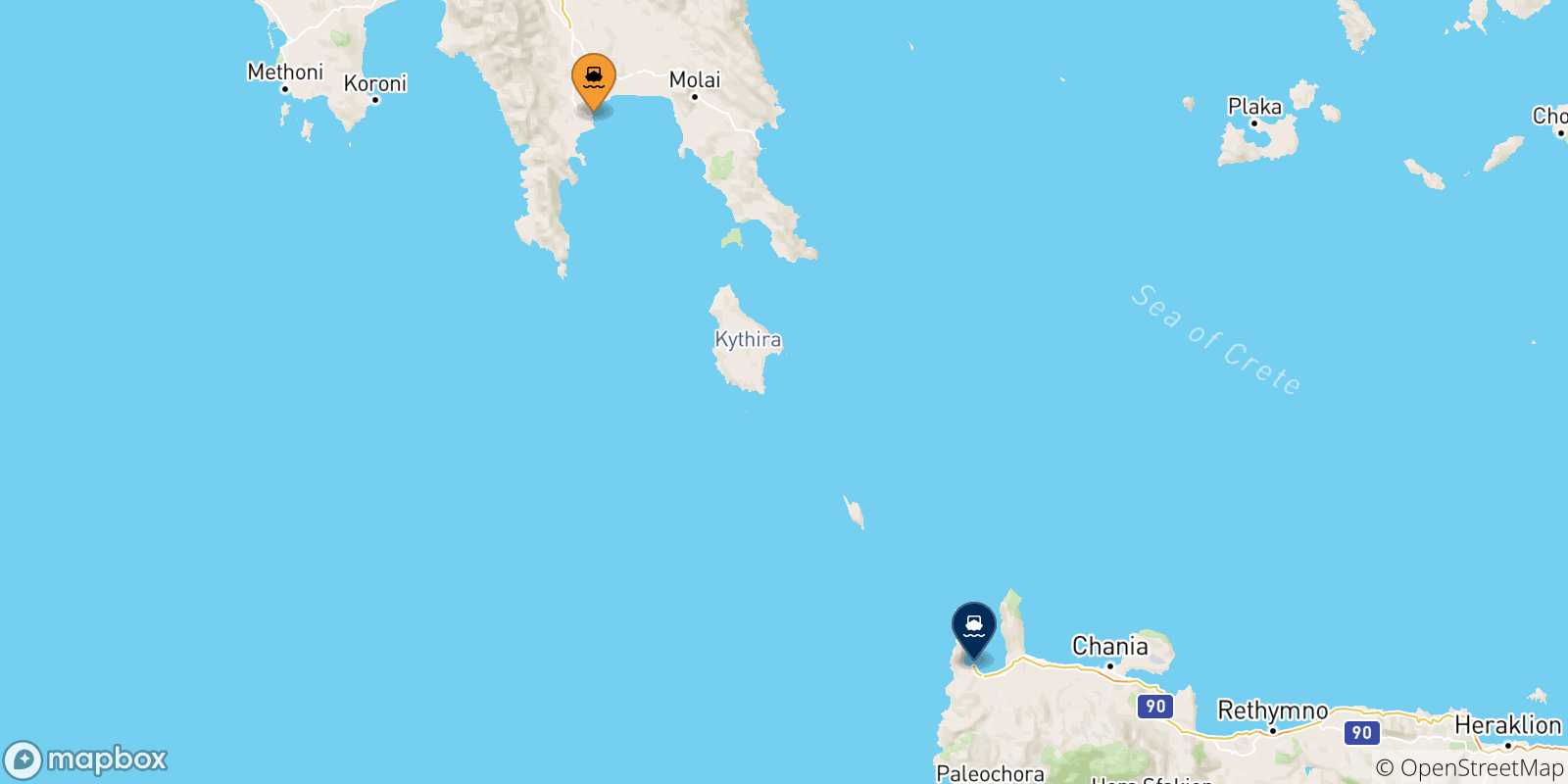 Carte des traversées possibles entre Gythio et la Crète