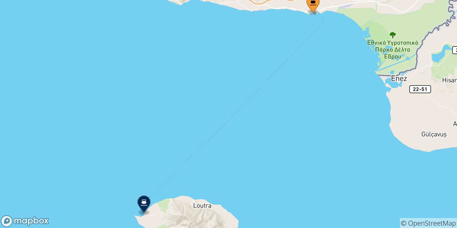Carte des traversées possibles entre Alexandroupoli et les Îles Égéennes