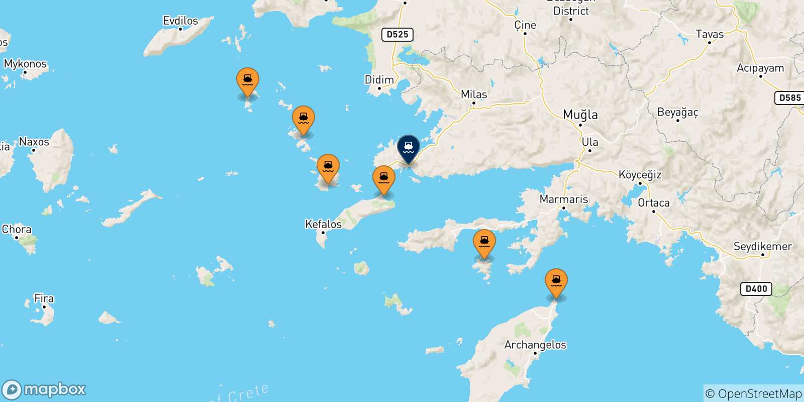Carte des traversées possibles entre Îles Du Dodécanèse et Bodrum