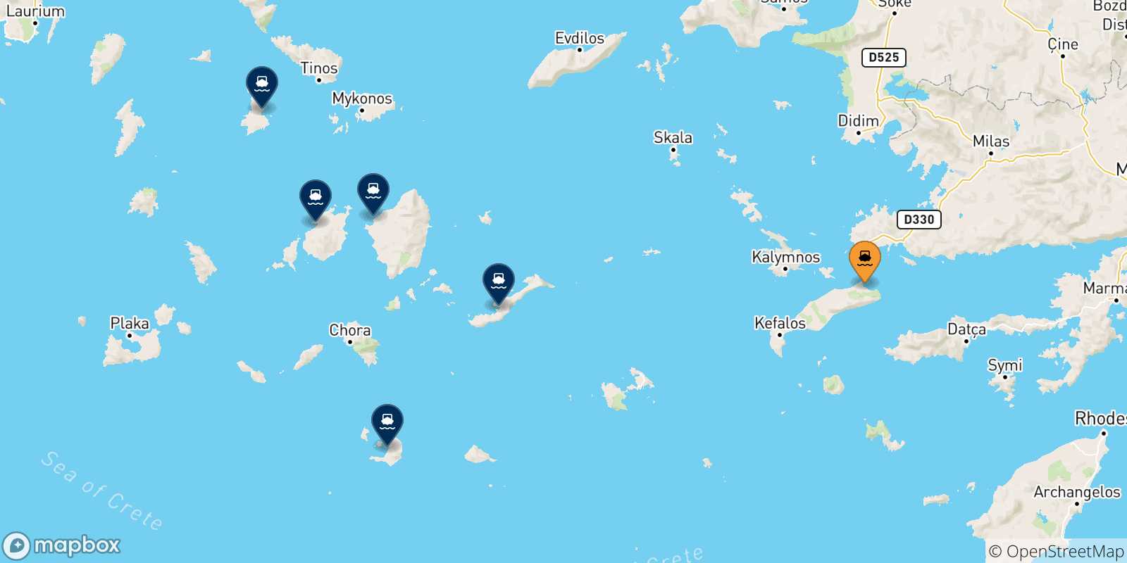 Carte des traversées possibles entre Kos et Îles Des Cyclades