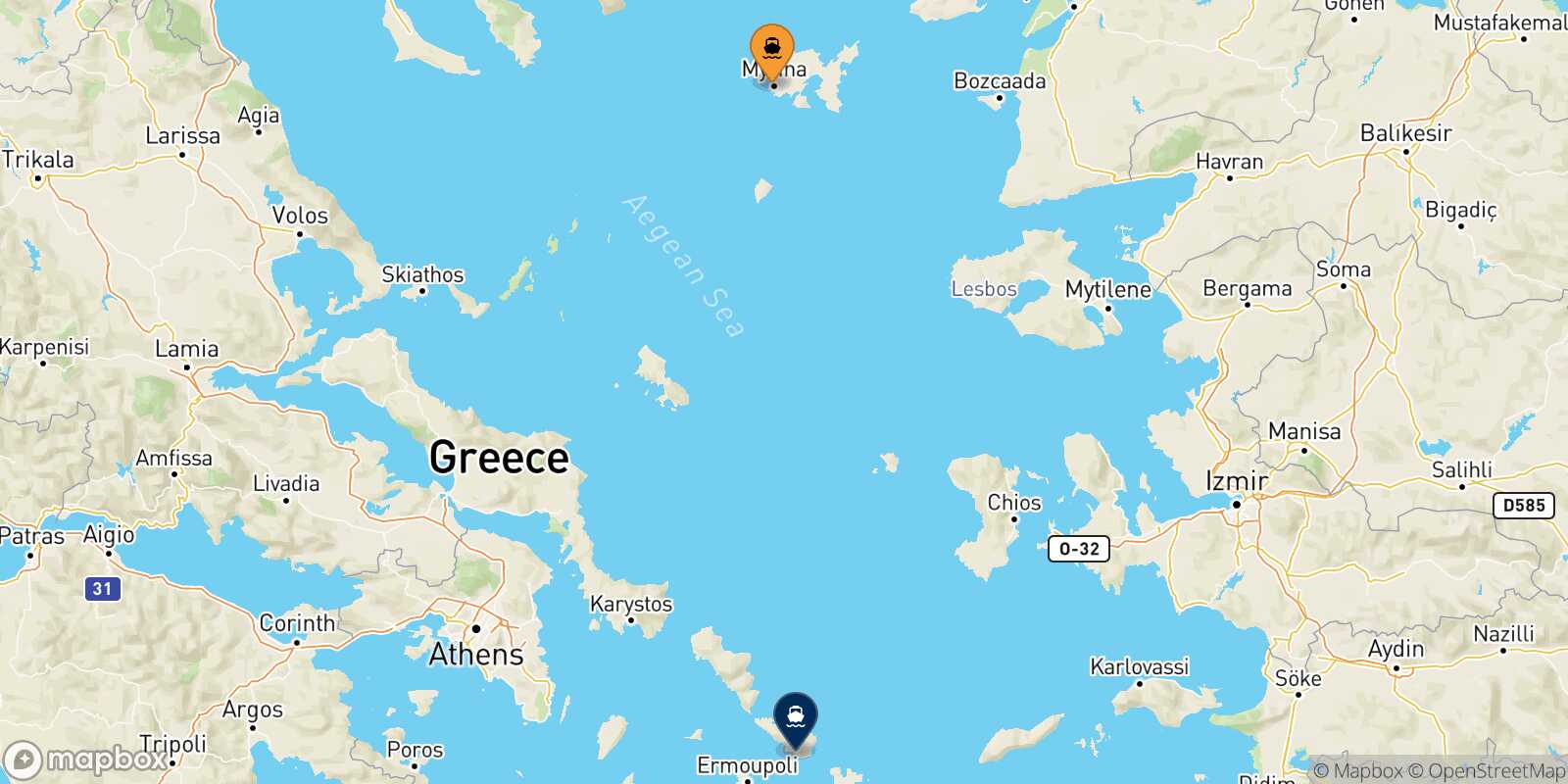 Carte des traverséesMyrina (Limnos) Tinos