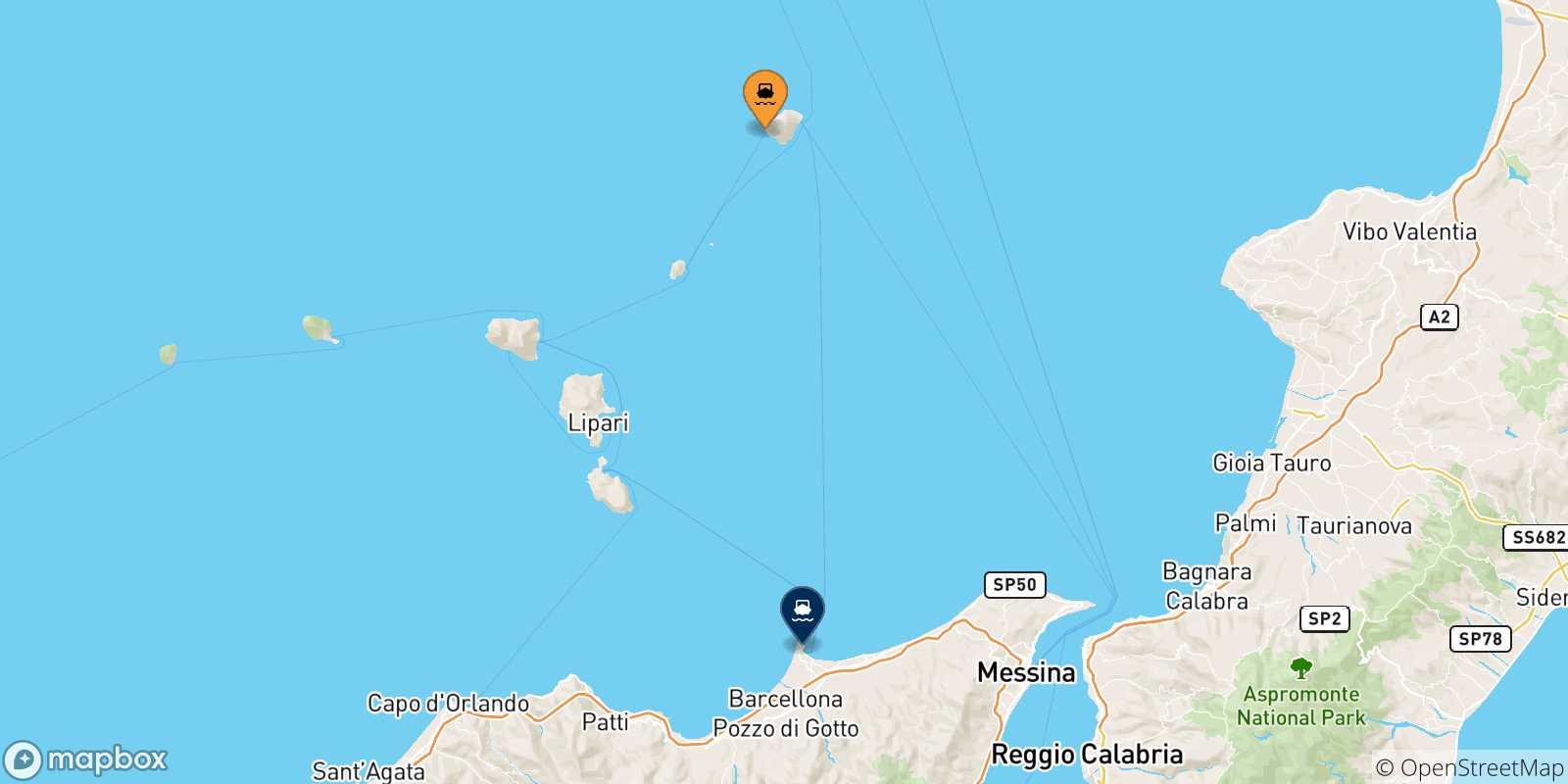 Carte des traversées possibles entre Ginostra (Stromboli) et la Sicile