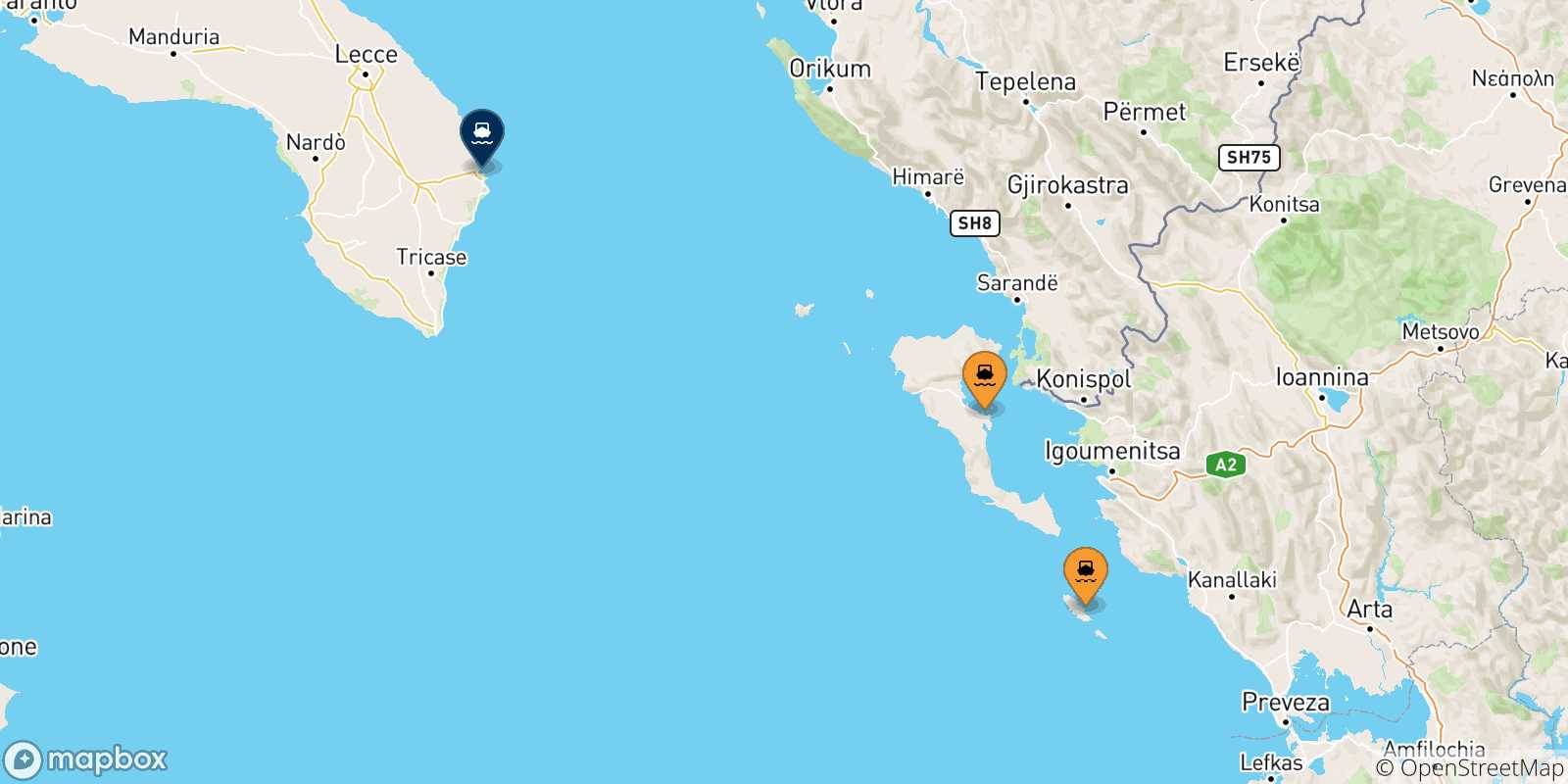 Carte des traversées possibles entre la Grèce et Otrante
