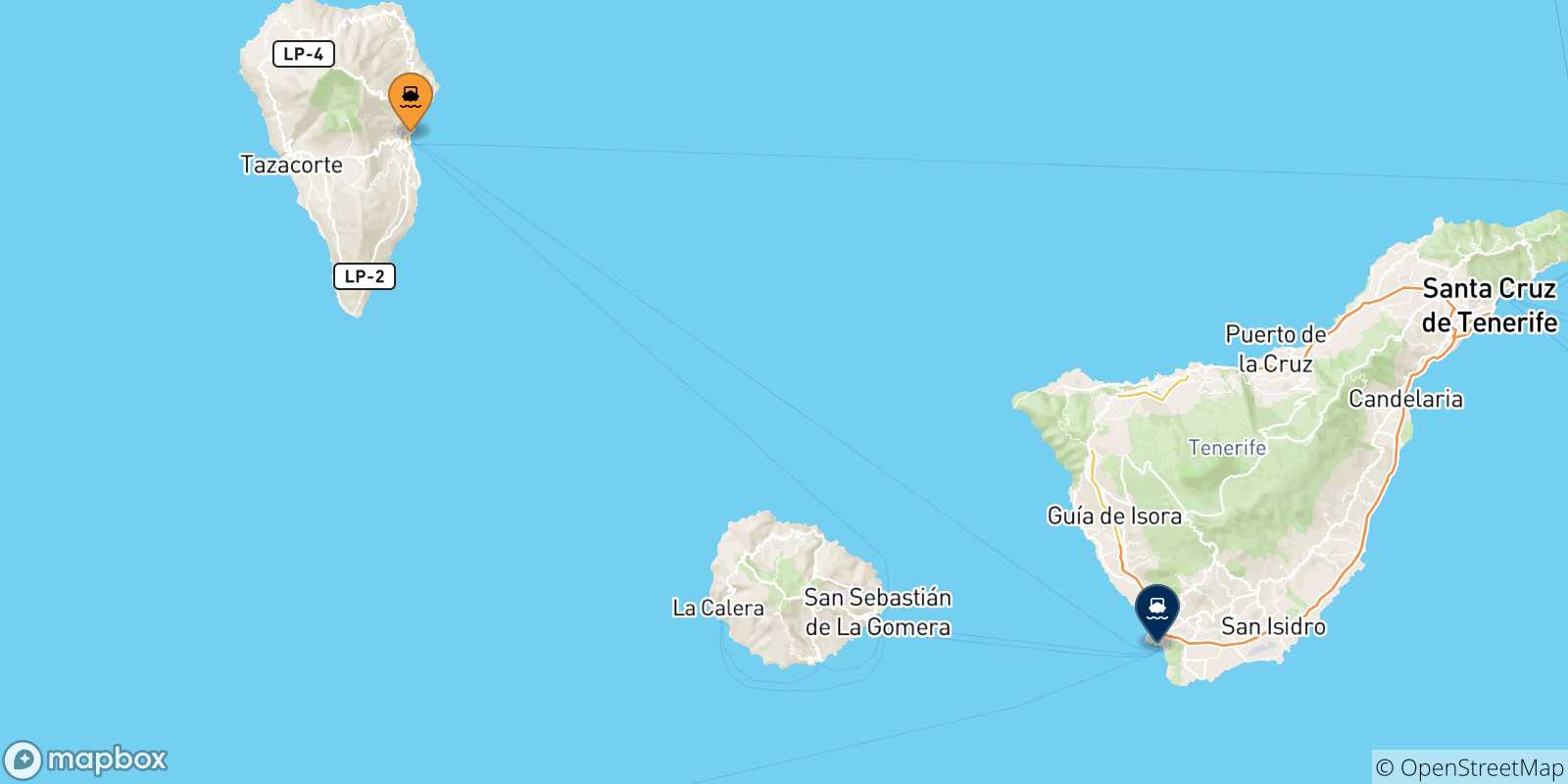 Carte des traversées possibles entre Santa Cruz De La Palma et les Îles Canaries
