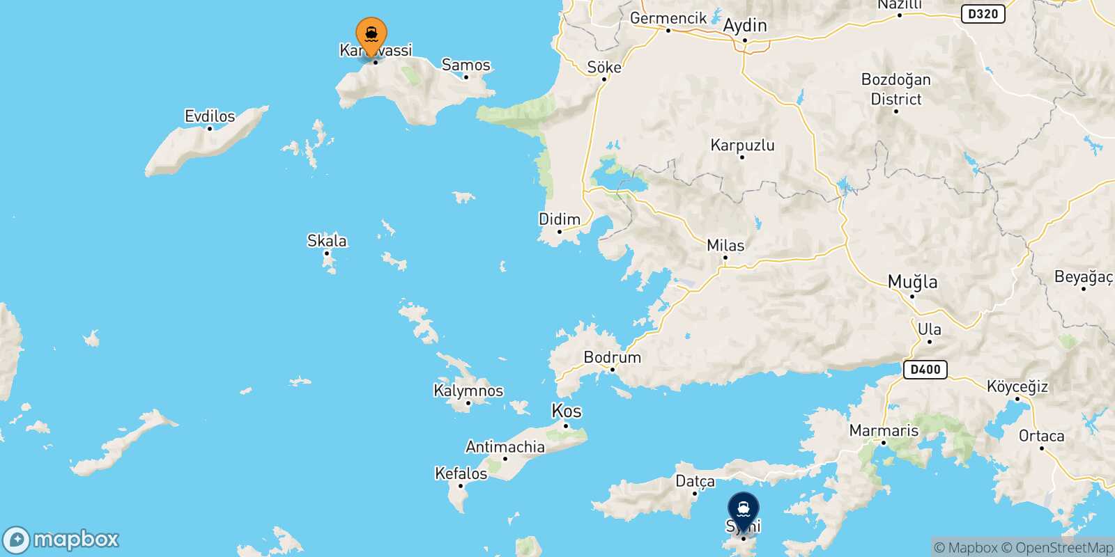 Carte des traverséesPythagorio (Samos) Symi
