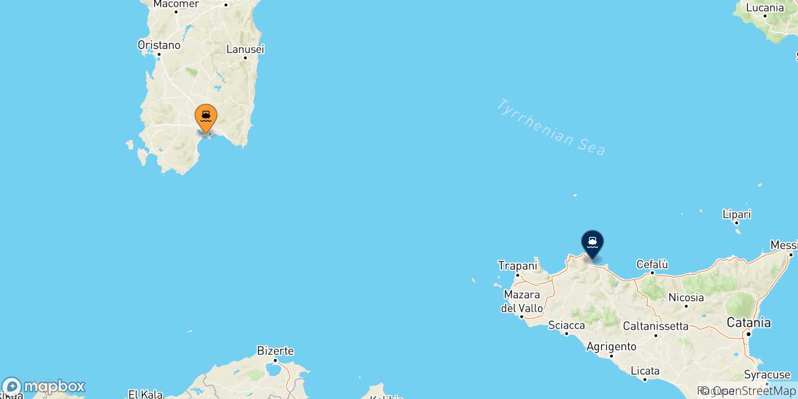 Carte des traversées possibles entre la Sardaigne et Palerme