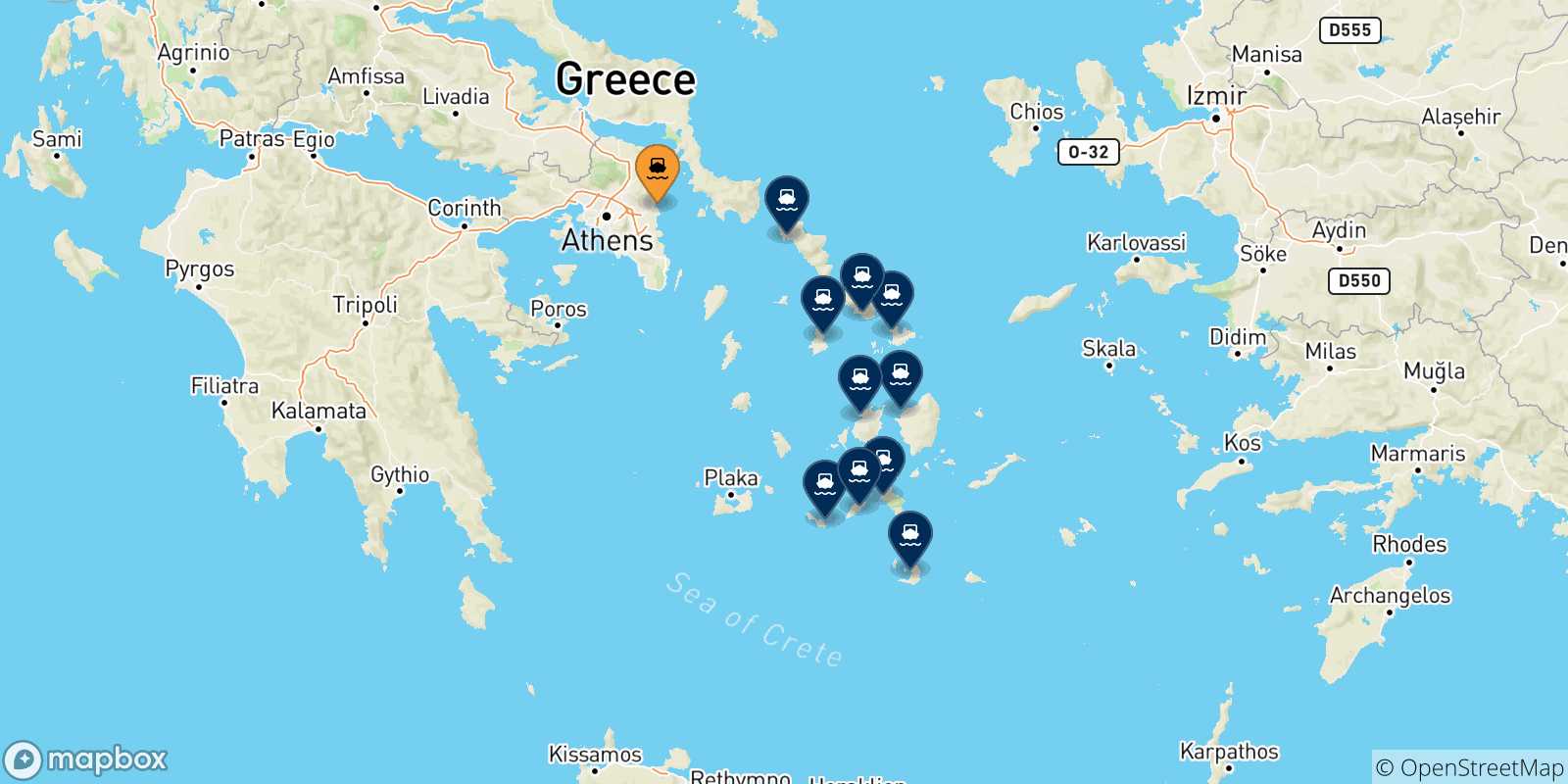 Carte des traversées possibles entre Rafina et Îles Des Cyclades