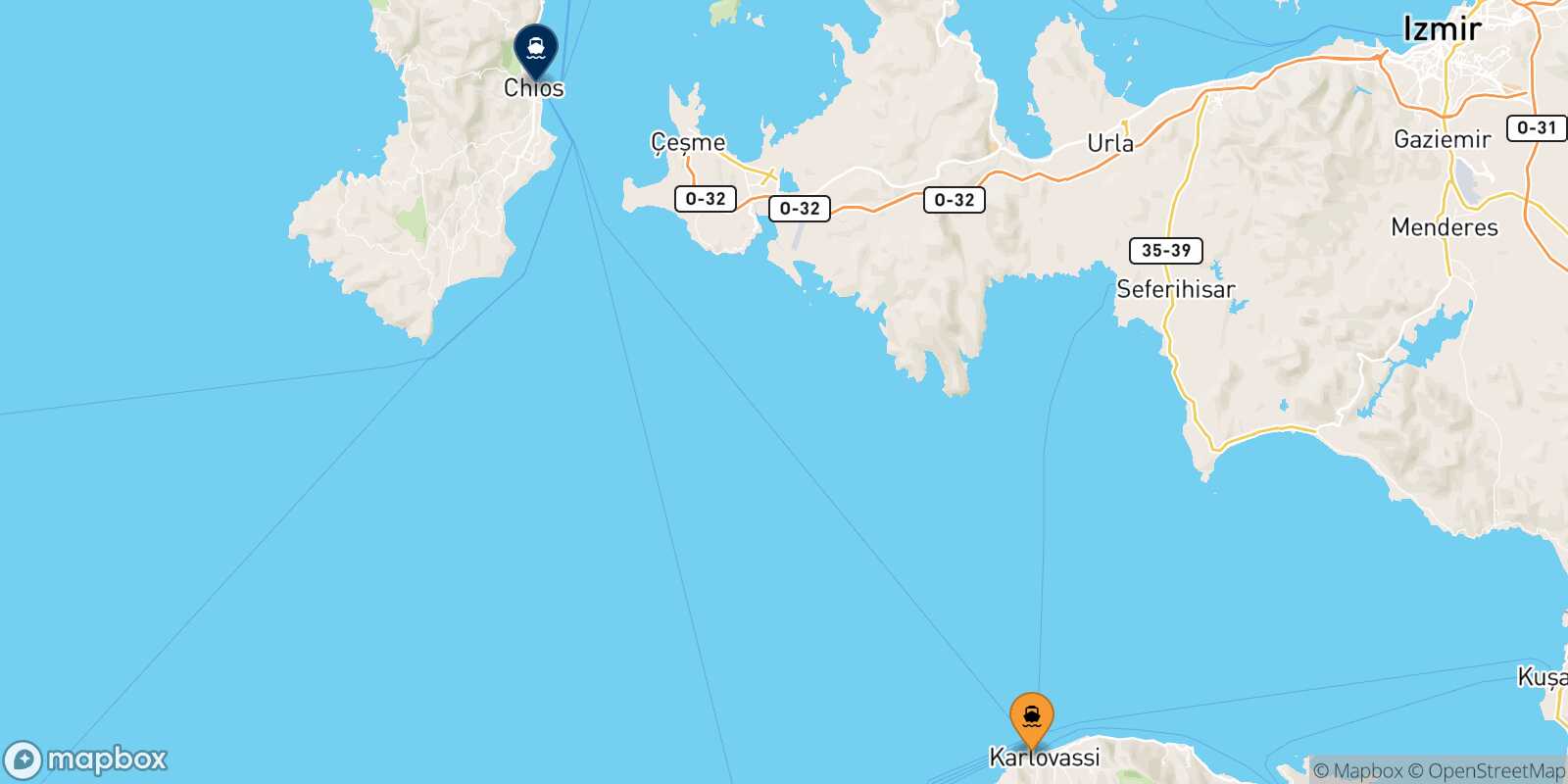 Carte des traverséesKarlovassi (Samos) Chios