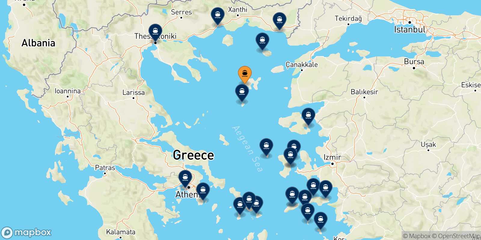 Carte des destinations de Myrina (Limnos)