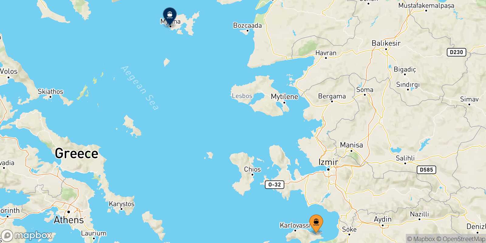 Carte des traverséesVathi (Samos) Myrina (Limnos)