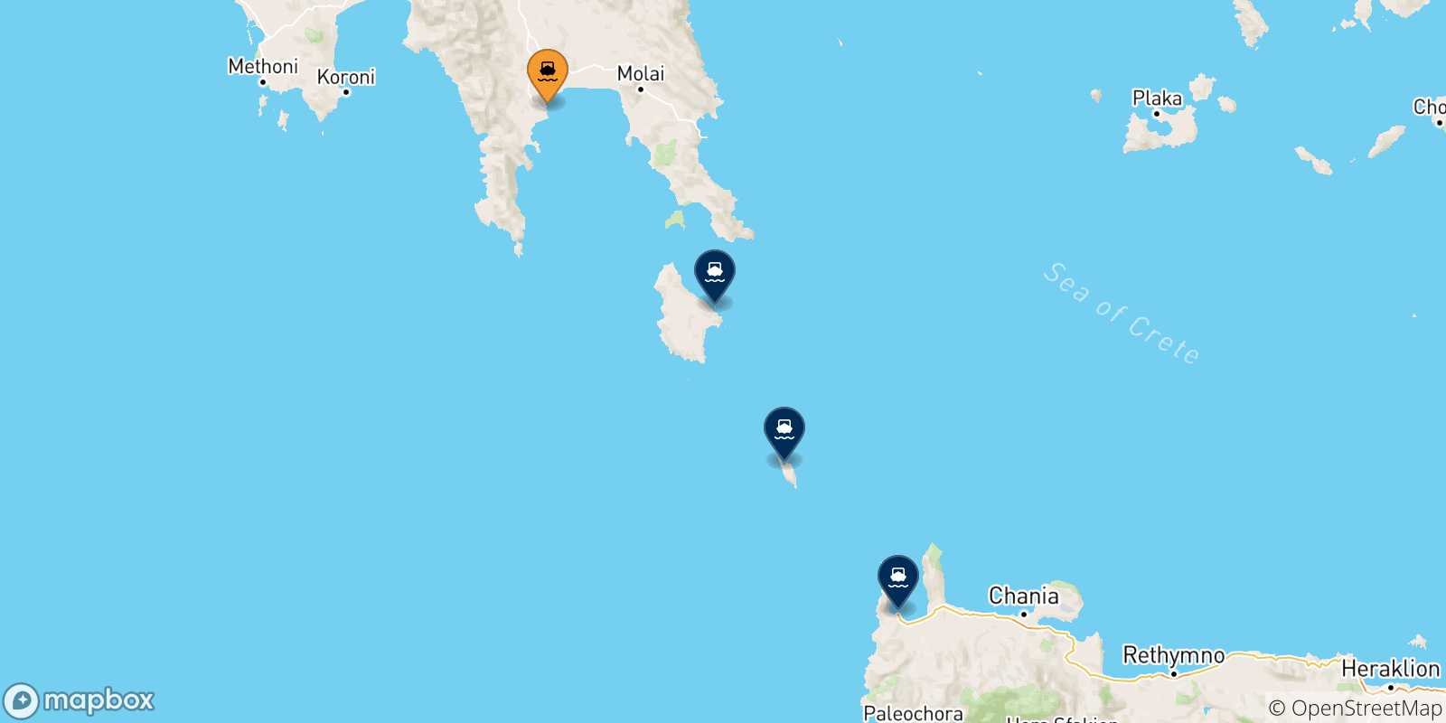 Carte des traversées possibles entre Gythio et la Grèce
