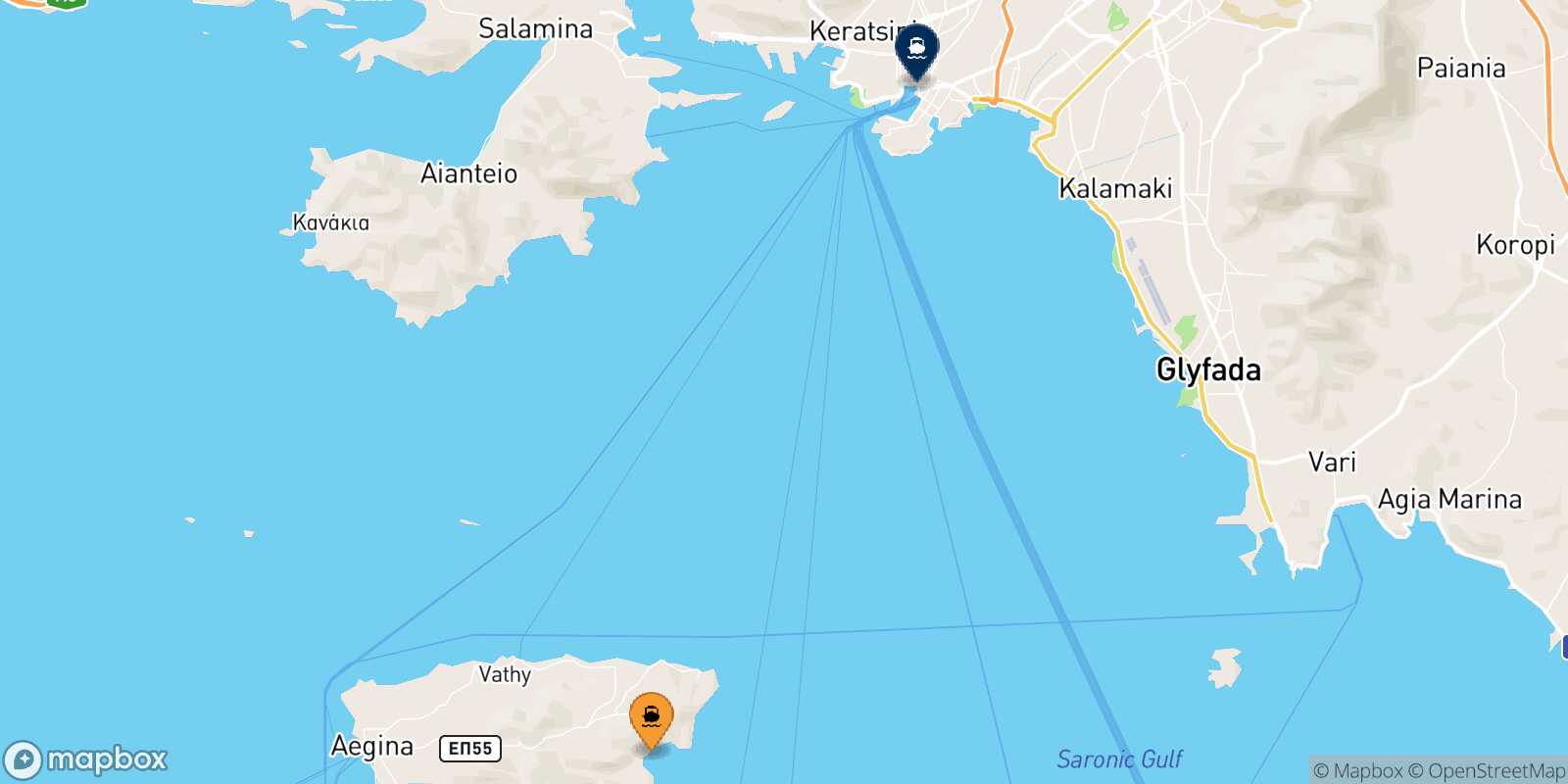 Carte des traverséesAgia Marina (Égine) Le Piree