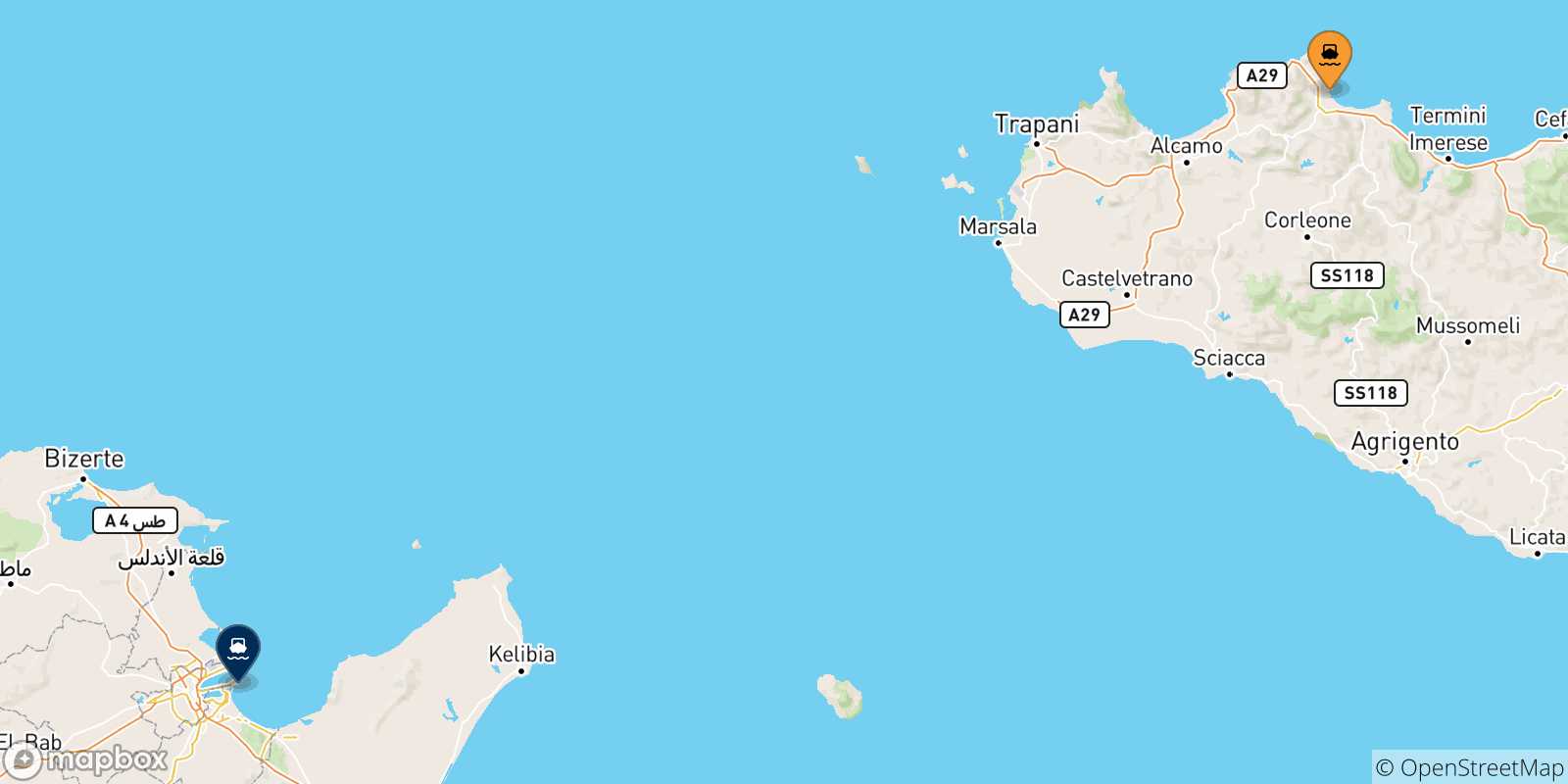 Carte des traversées possibles entre la Sicile et Tunis