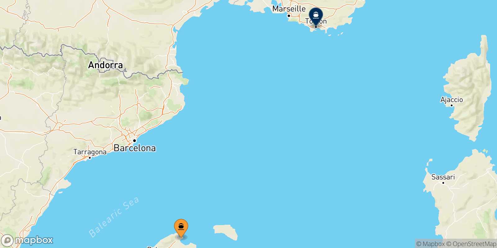 Carte des traverséesAlcudia (Majorque) Toulon