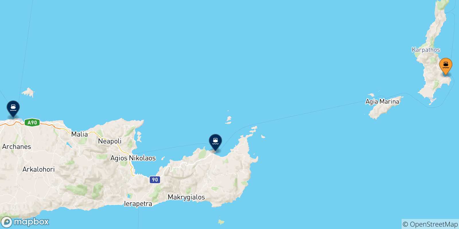 Carte des traversées possibles entre Karpathos et la Crète