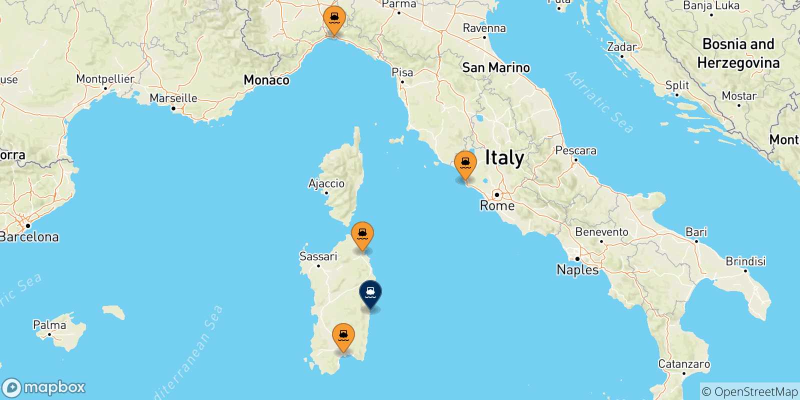 Carte des traversées possibles entre l'Italie et Arbatax
