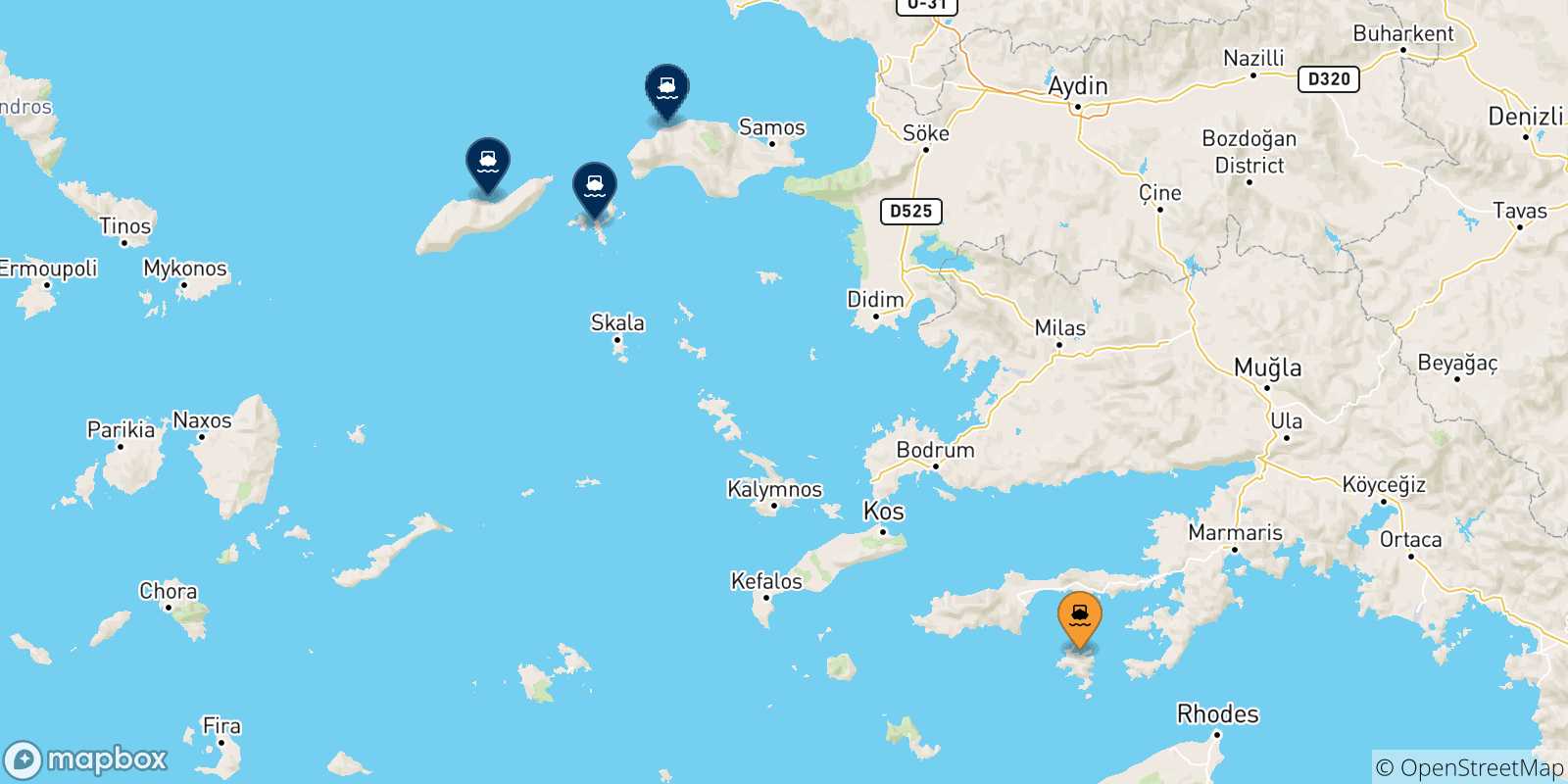 Carte des traversées possibles entre Symi et les Îles Égéennes
