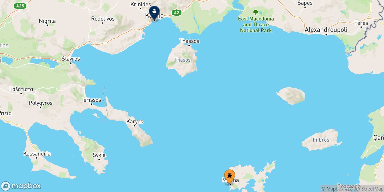 Carte des traverséesMyrina (Limnos) Kavala