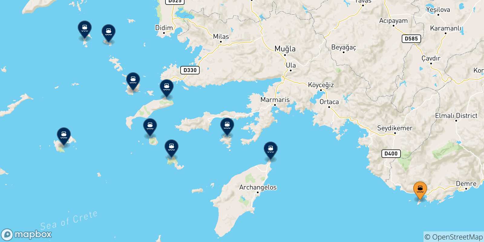 Carte des traversées possibles entre Kastellórizo et Îles Du Dodécanèse