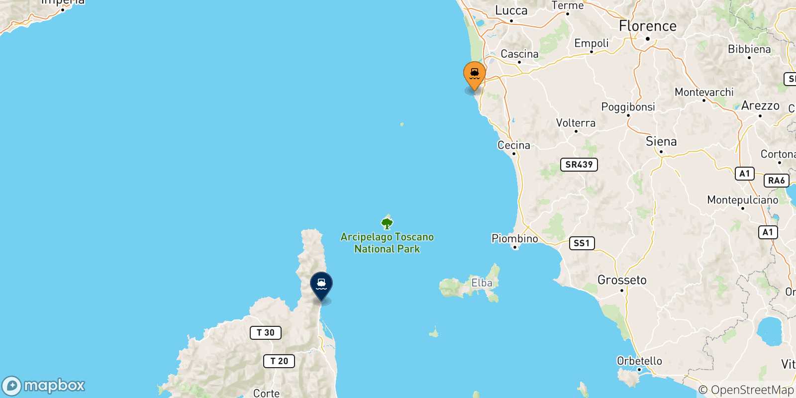Carte des traversées possibles entre Livourne et la Corse