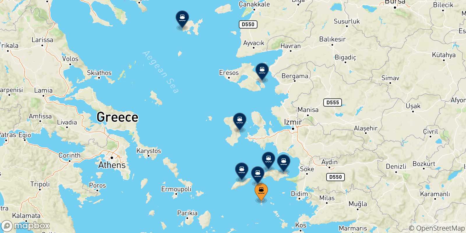 Carte des traversées possibles entre Patmos et les Îles Égéennes