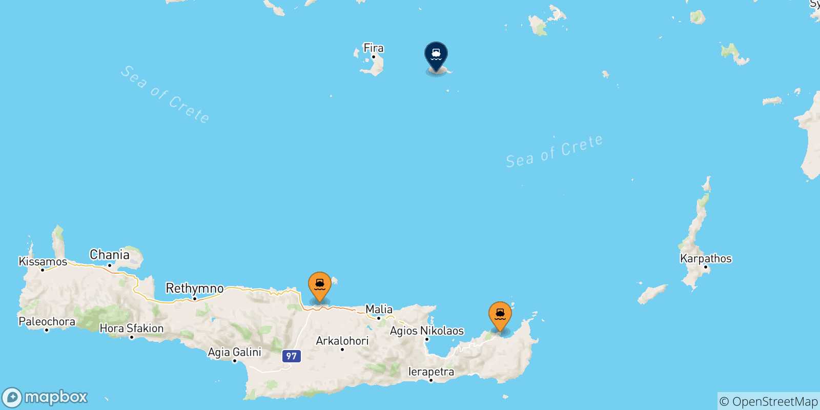 Carte des traversées possibles entre la Crète et Anafi