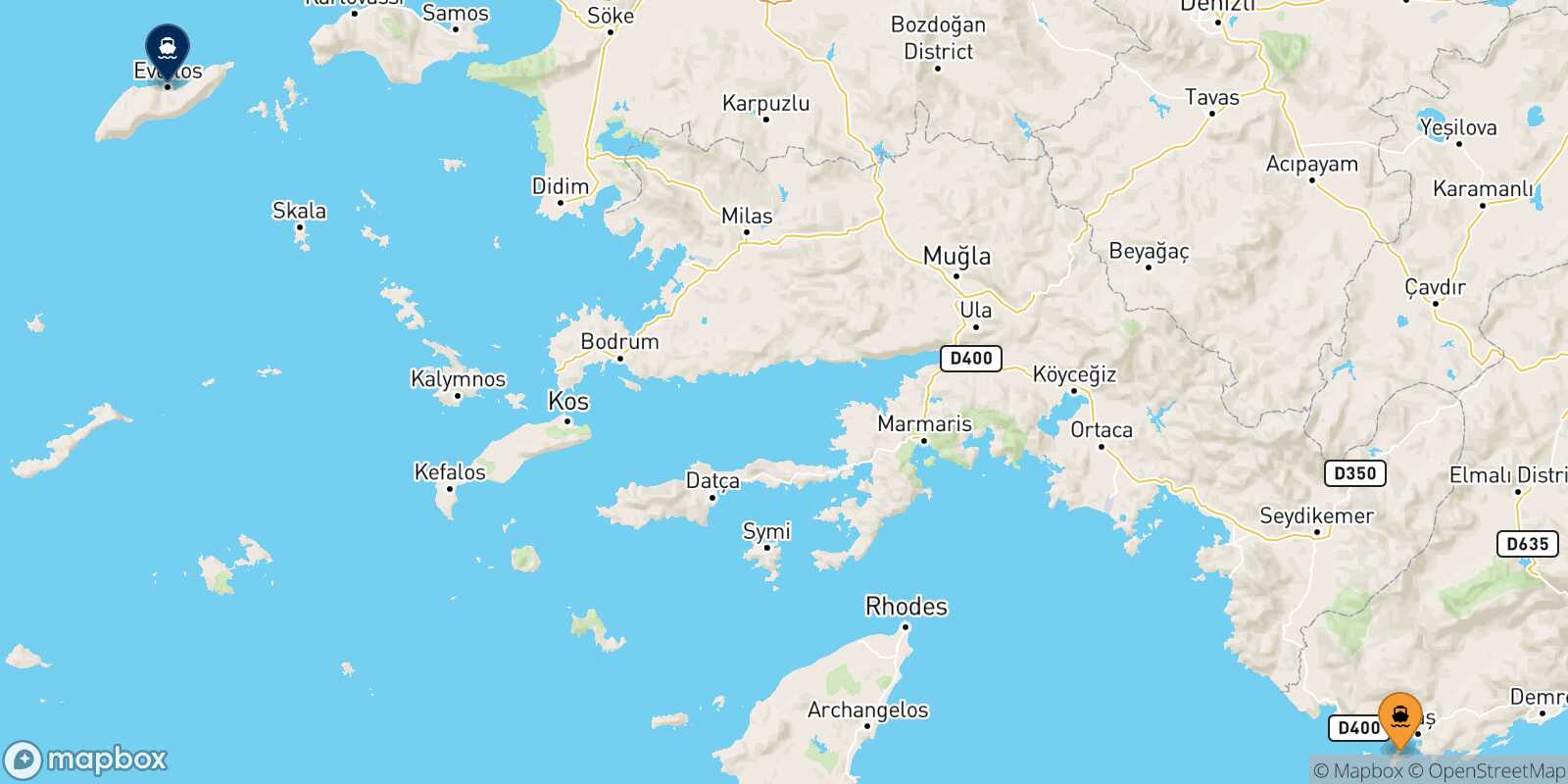 Carte des traverséesKastellórizo Agios Kirikos (Ikaria)