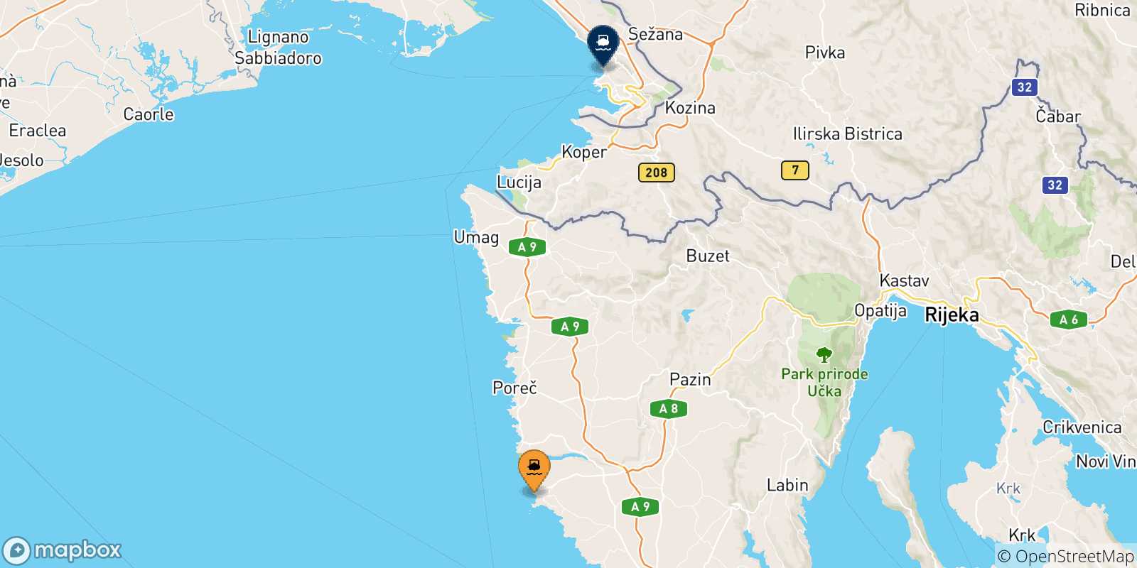 Carte des traversées possibles entre la Croatie et Trieste