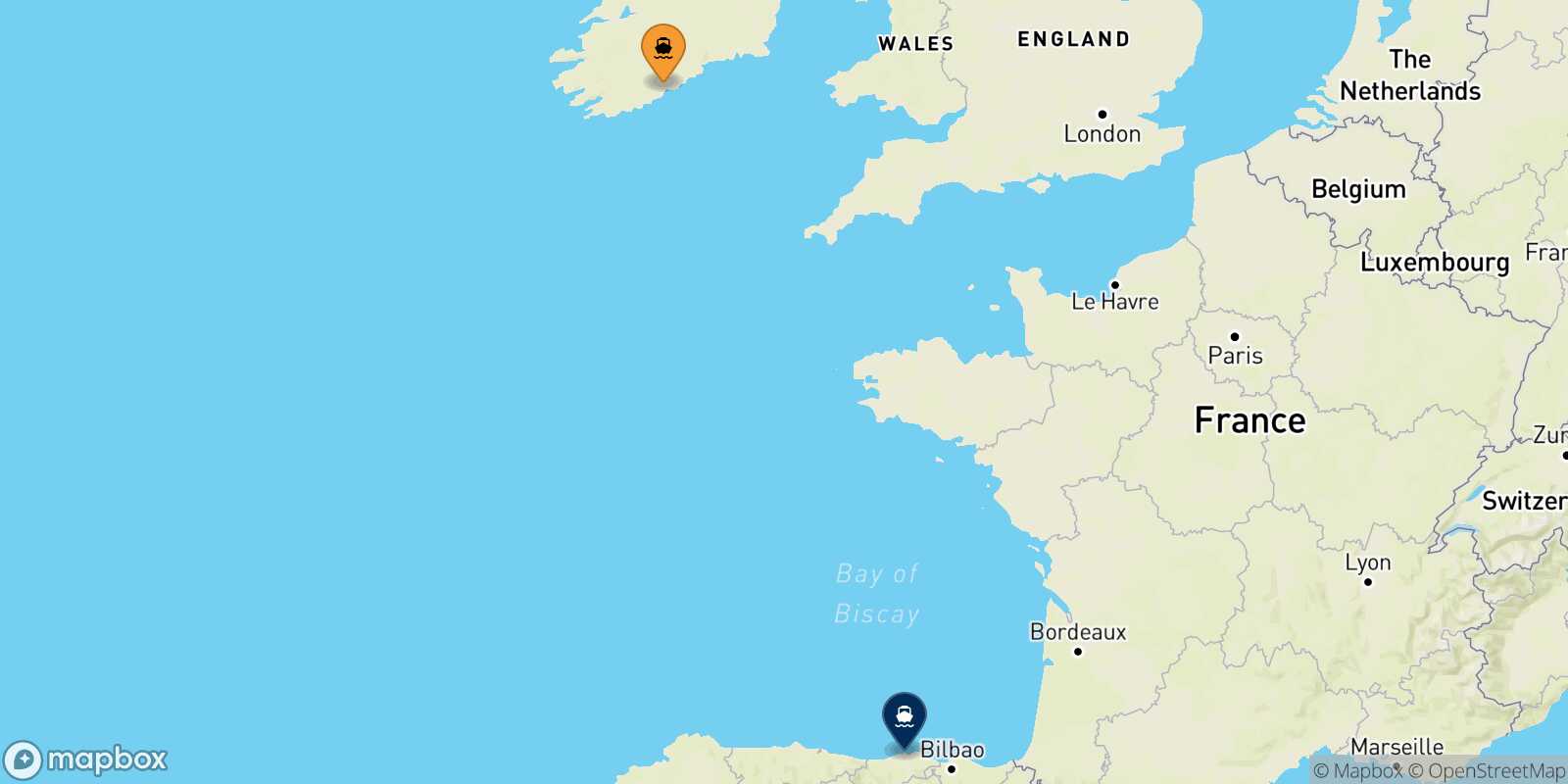 Carte des destinations de Cork