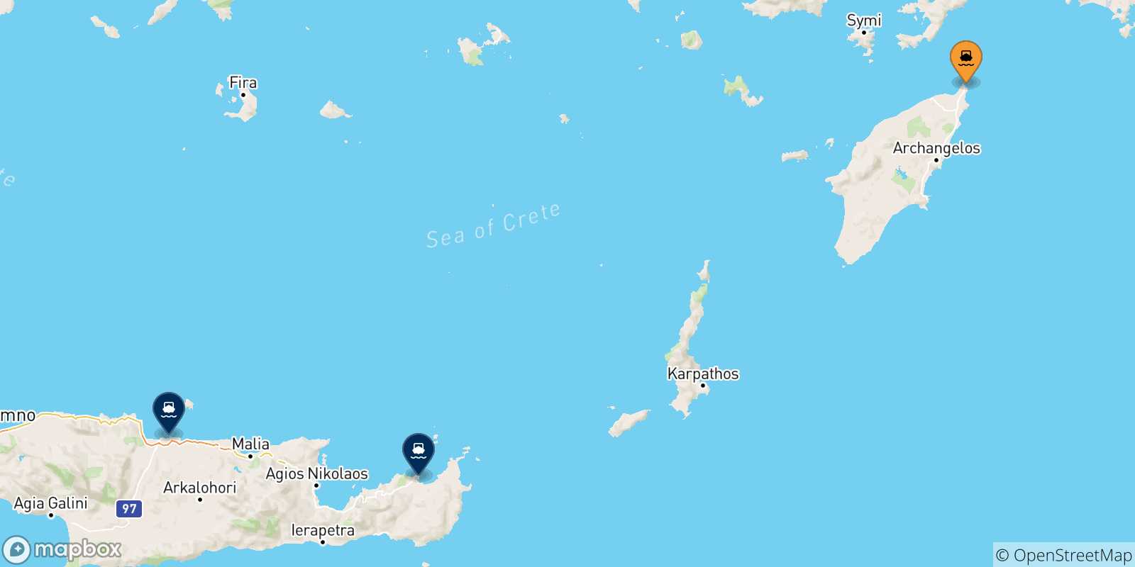 Carte des traversées possibles entre Rhodes et la Crète