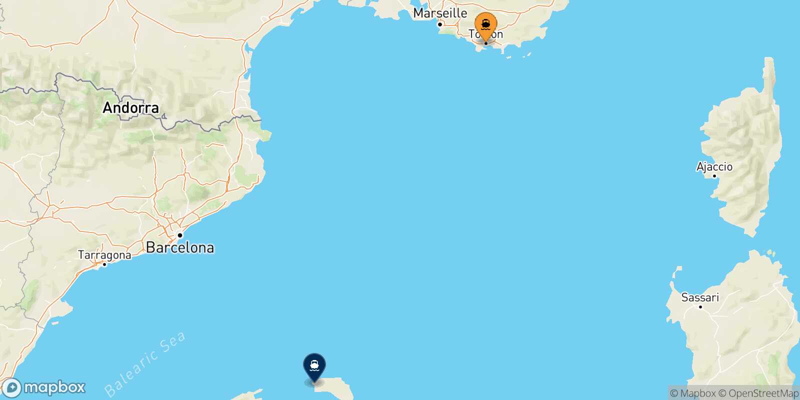 Carte des traverséesToulon Ciutadella (Minorque)