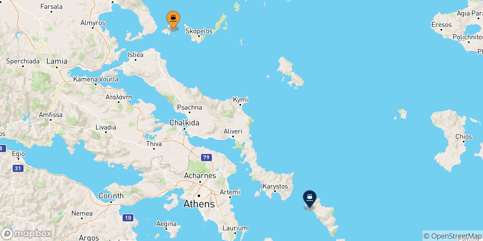 Carte des traversées possibles entre les Îles Sporades et Andros
