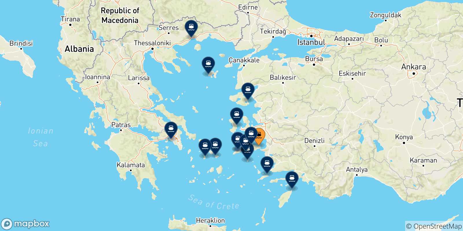 Carte des traversées possibles entre Vathi (Samos) et la Grèce