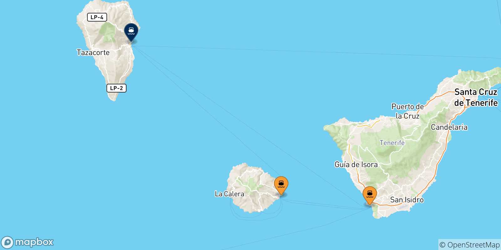 Carte des traversées possibles entre l'Espagne et Santa Cruz De La Palma