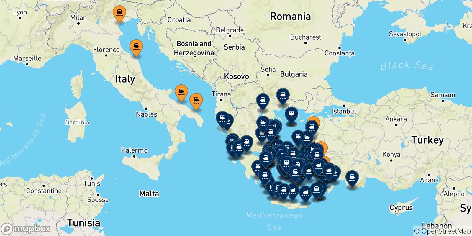 Carte des ports la Grèce