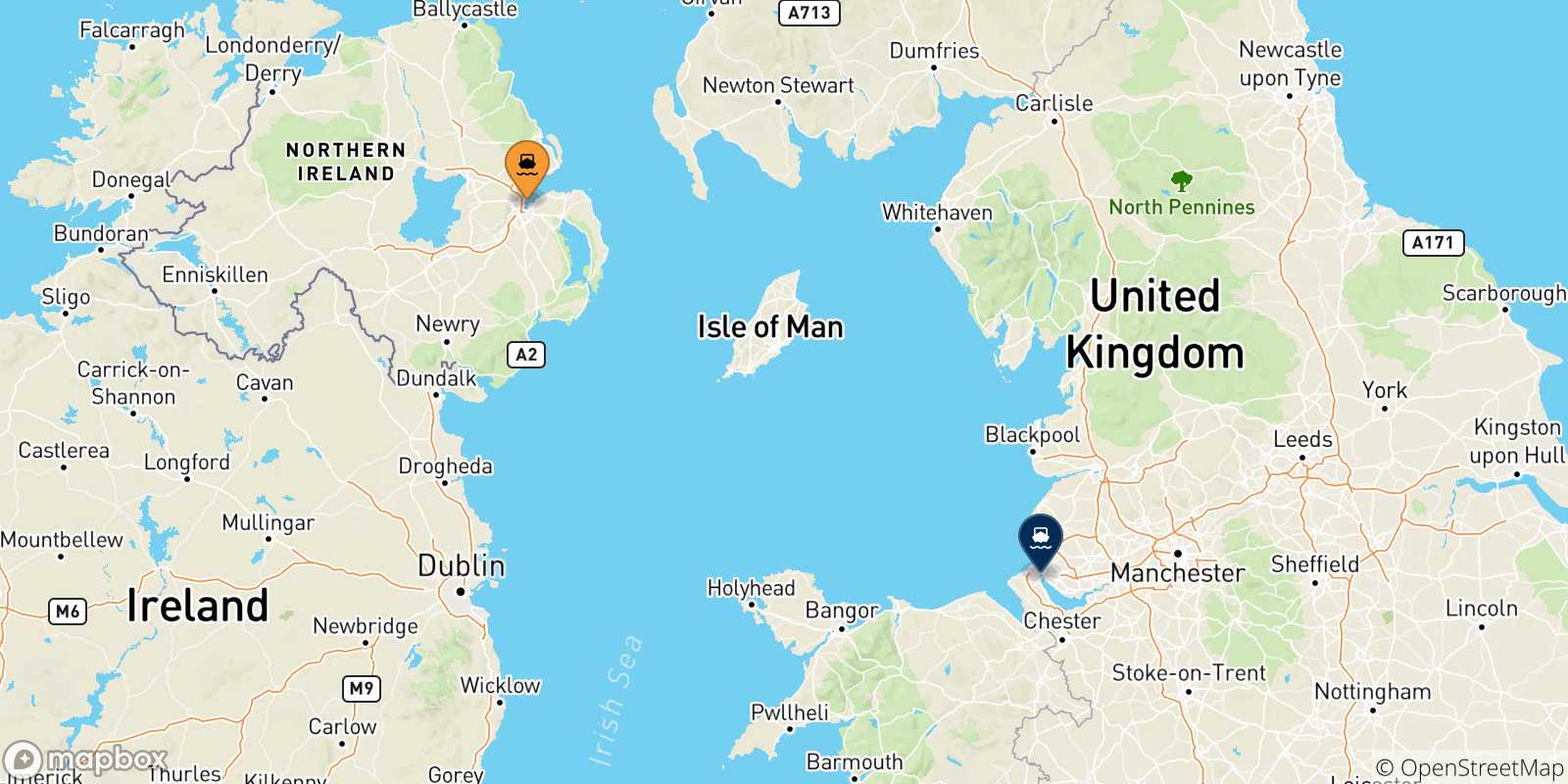 Carte des traversées possibles entre Irlande Du Nord et l'Angleterre