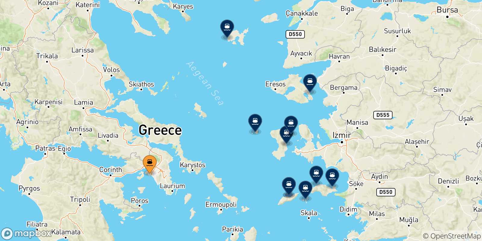 Carte des traversées possibles entre Le Piree et les Îles Égéennes